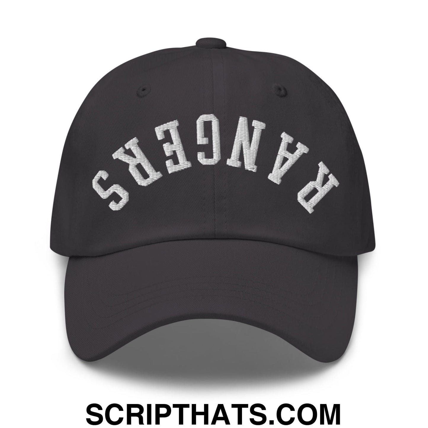 Black upside down rangers embroidered unstructured dad hat with white arched lettering and adjustable strap