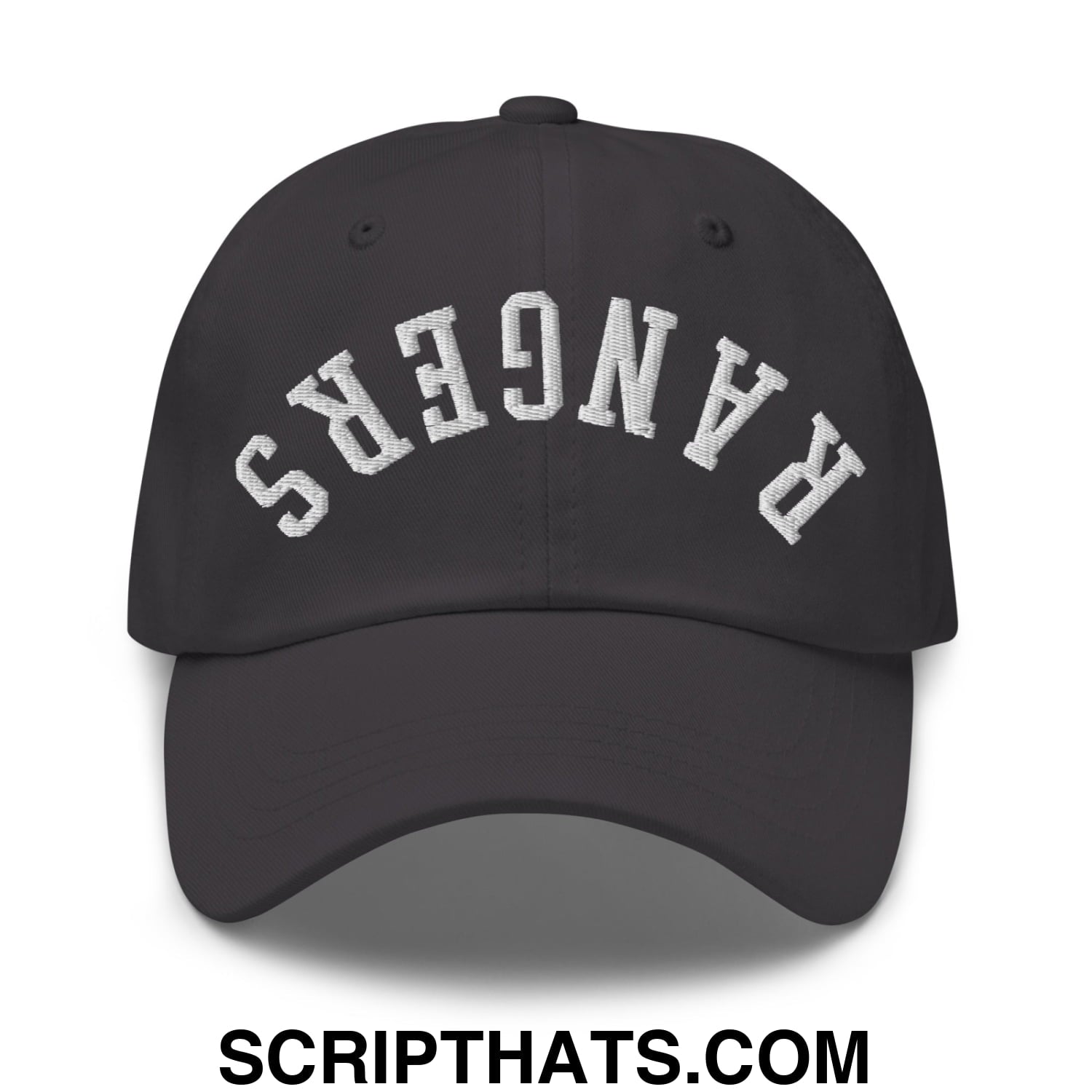 Black upside down rangers embroidered unstructured dad hat with white arched lettering and adjustable strap
