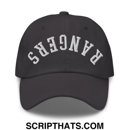 Black upside down rangers embroidered unstructured dad hat with white arched lettering and adjustable strap