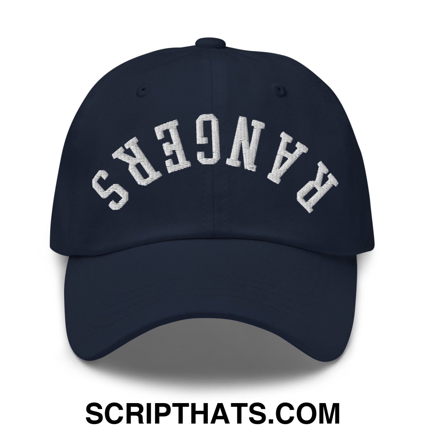Navy blue unstructured dad hat with white embroidered rangers lettering in an arched design