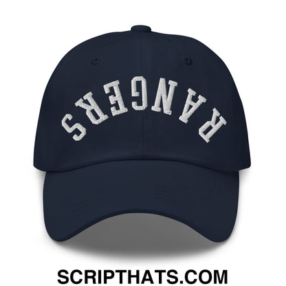 Navy blue unstructured dad hat with white embroidered rangers lettering in an arched design