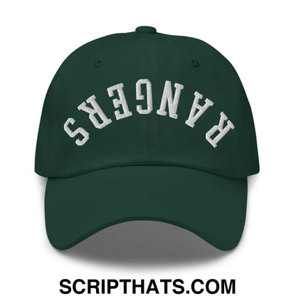 Dark green unstructured dad hat with white embroidered rangers lettering in an arched design