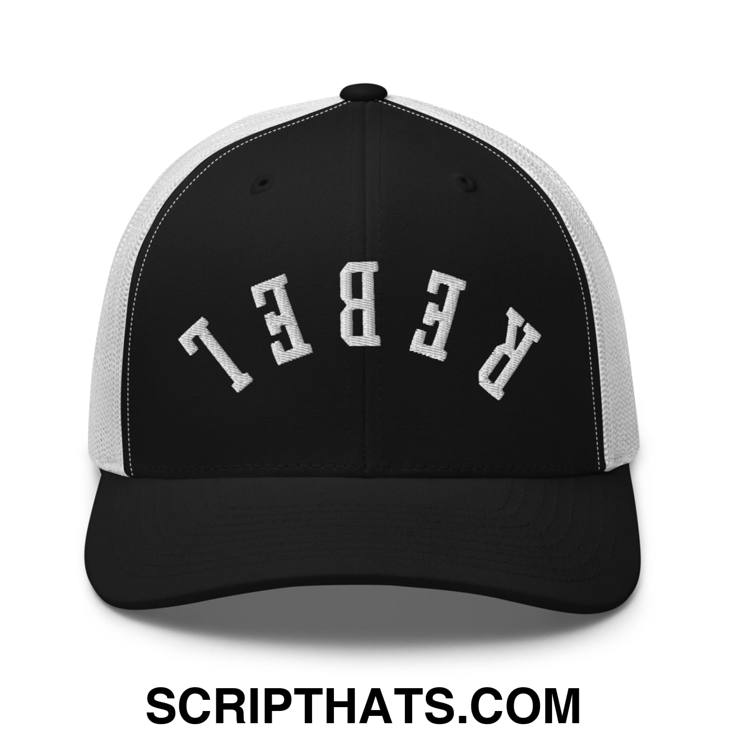 Upside Down Rebel Embroidered Mesh Trucker Hat Black White