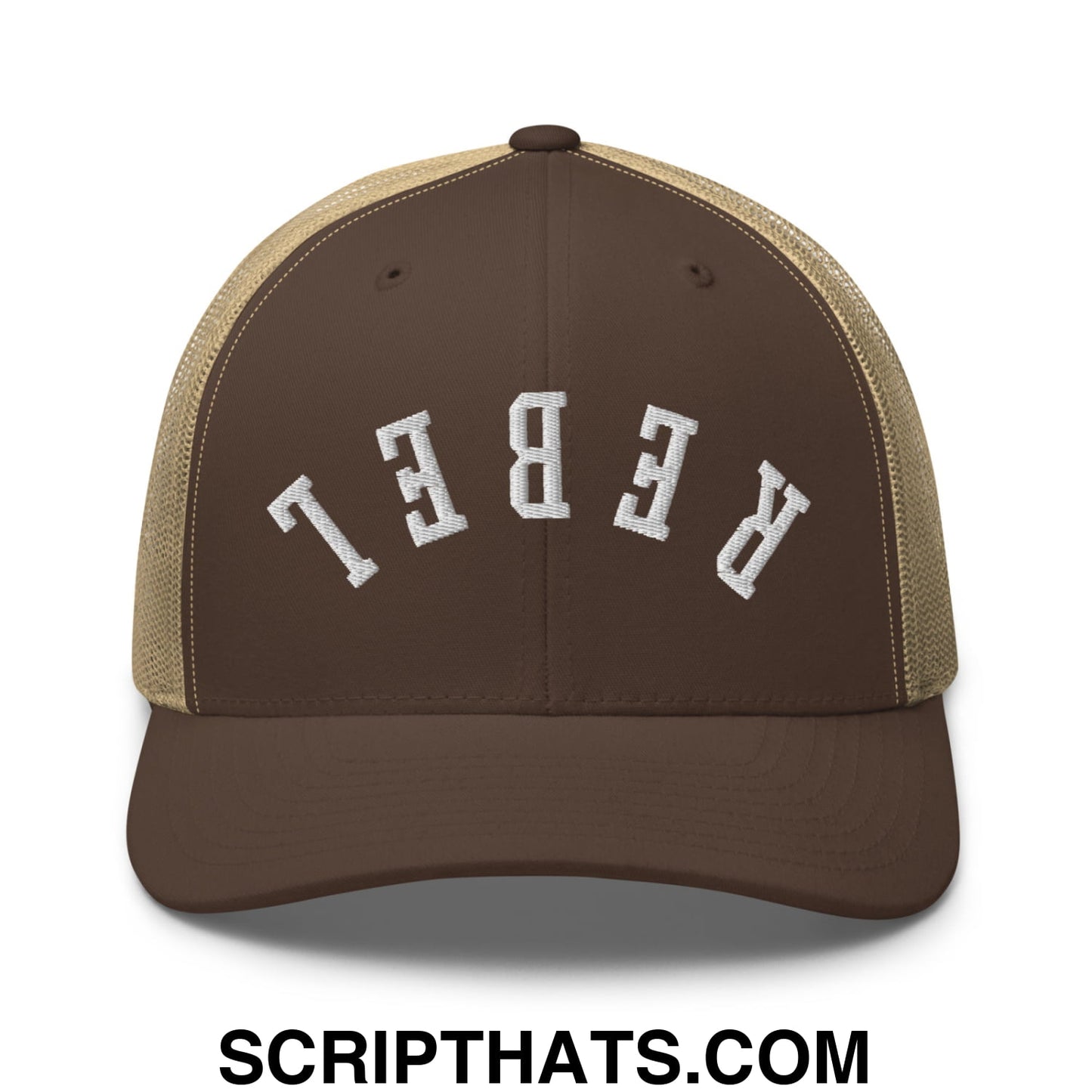 Upside Down Rebel Embroidered Mesh Trucker Hat Brown Khaki