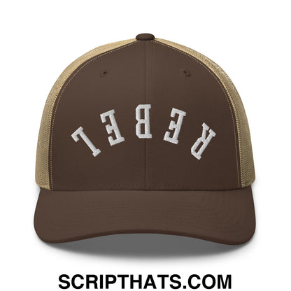 Upside Down Rebel Embroidered Mesh Trucker Hat Brown Khaki
