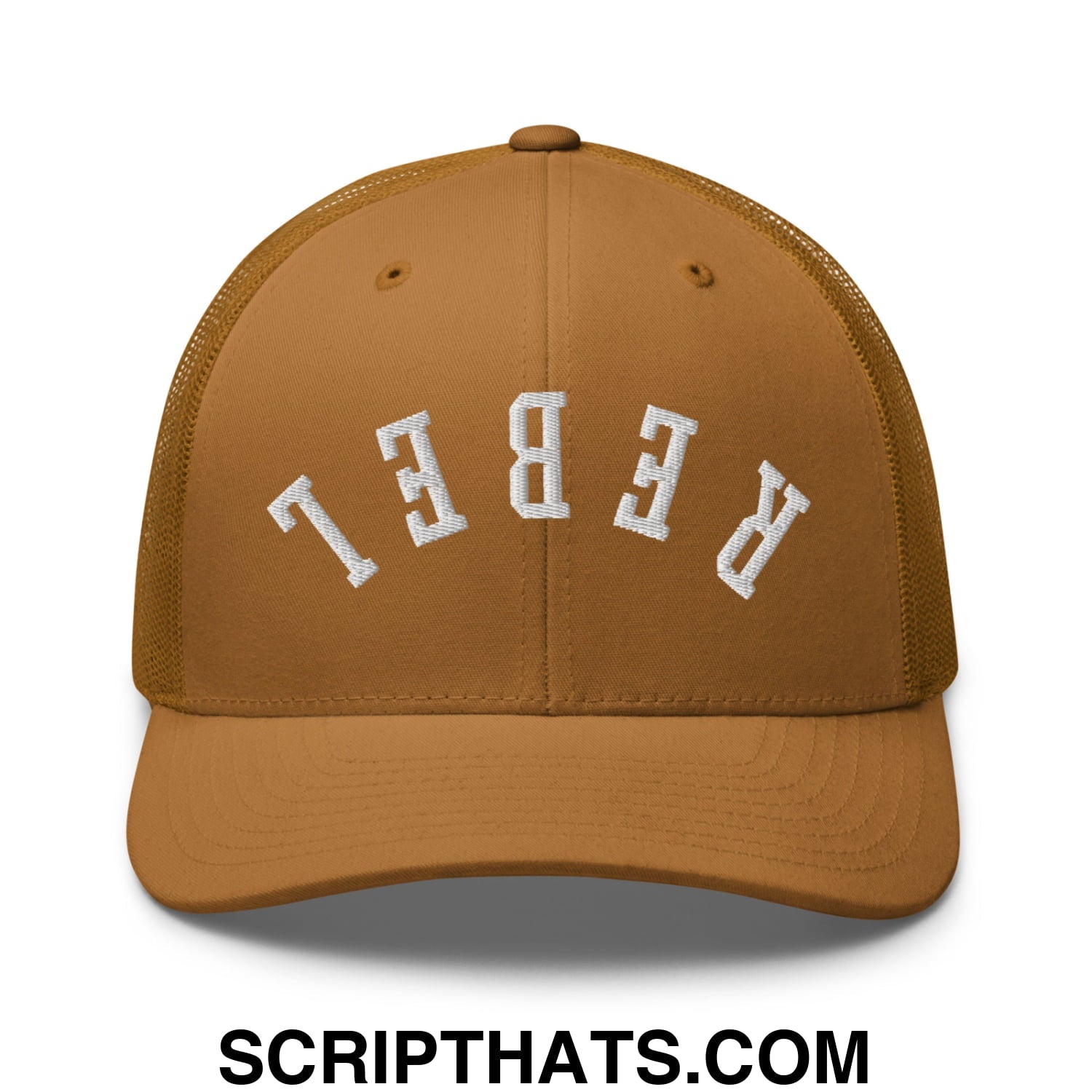 Upside Down Rebel Embroidered Mesh Trucker Hat Caramel