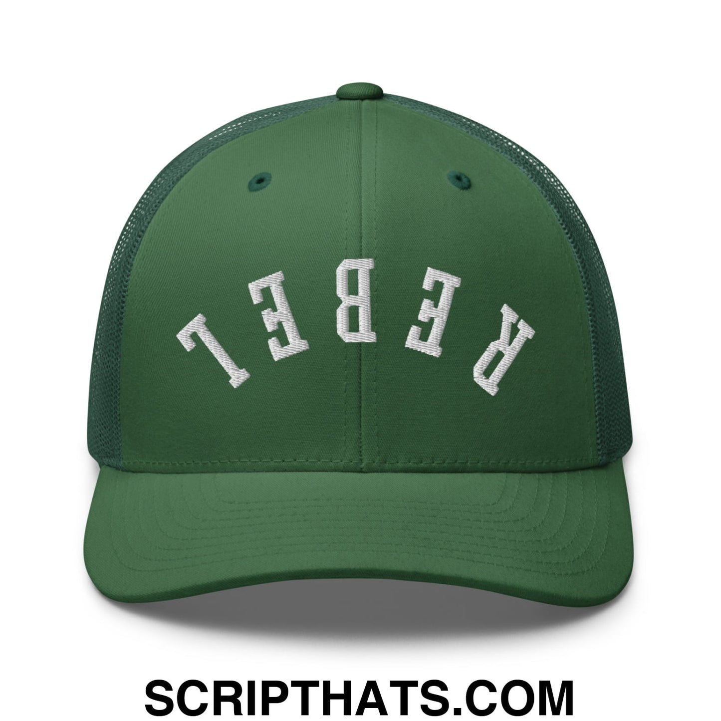 Upside Down Rebel Embroidered Mesh Trucker Hat Evergreen