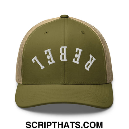 Upside Down Rebel Embroidered Mesh Trucker Hat Moss Khaki