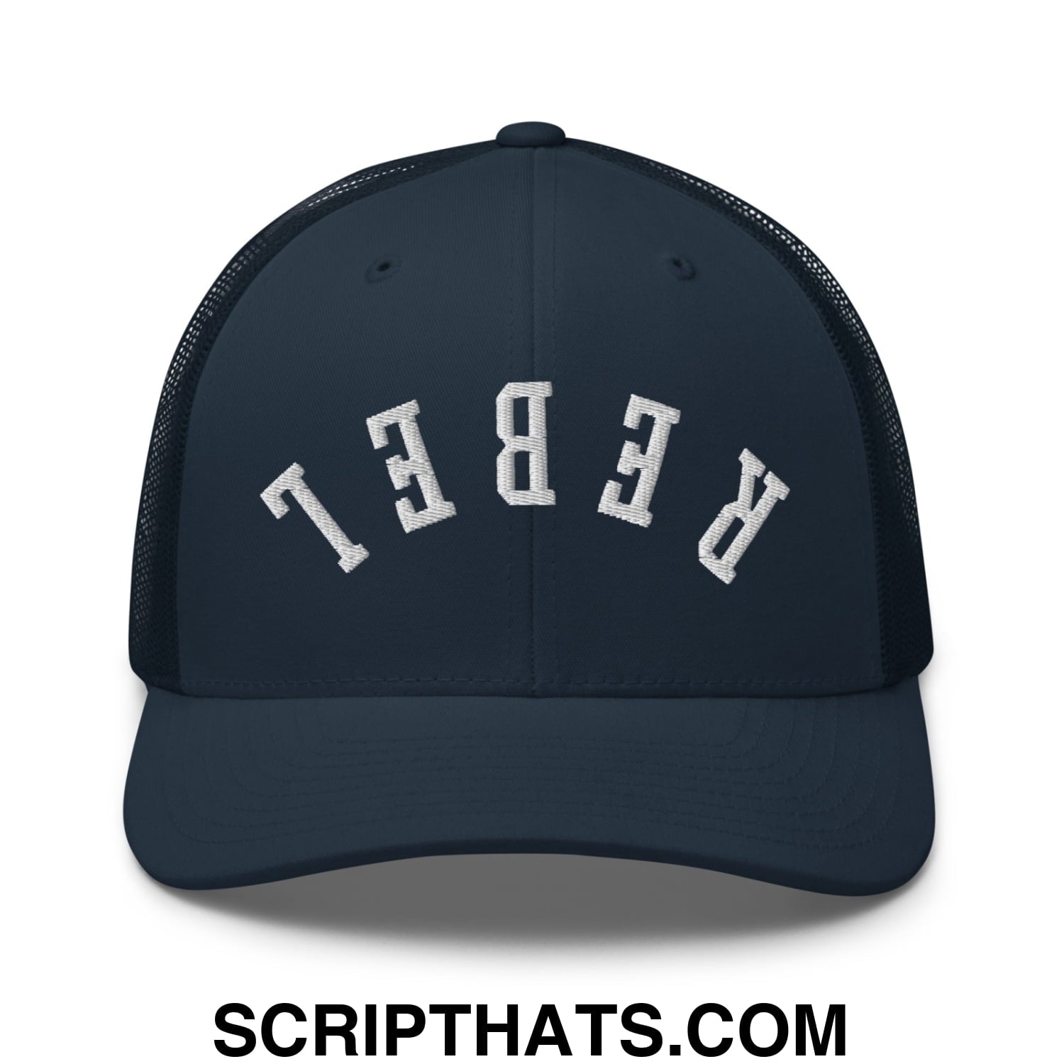 Upside Down Rebel Embroidered Mesh Trucker Hat Navy