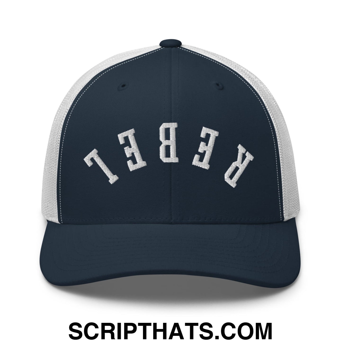 Upside Down Rebel Embroidered Mesh Trucker Hat Navy White