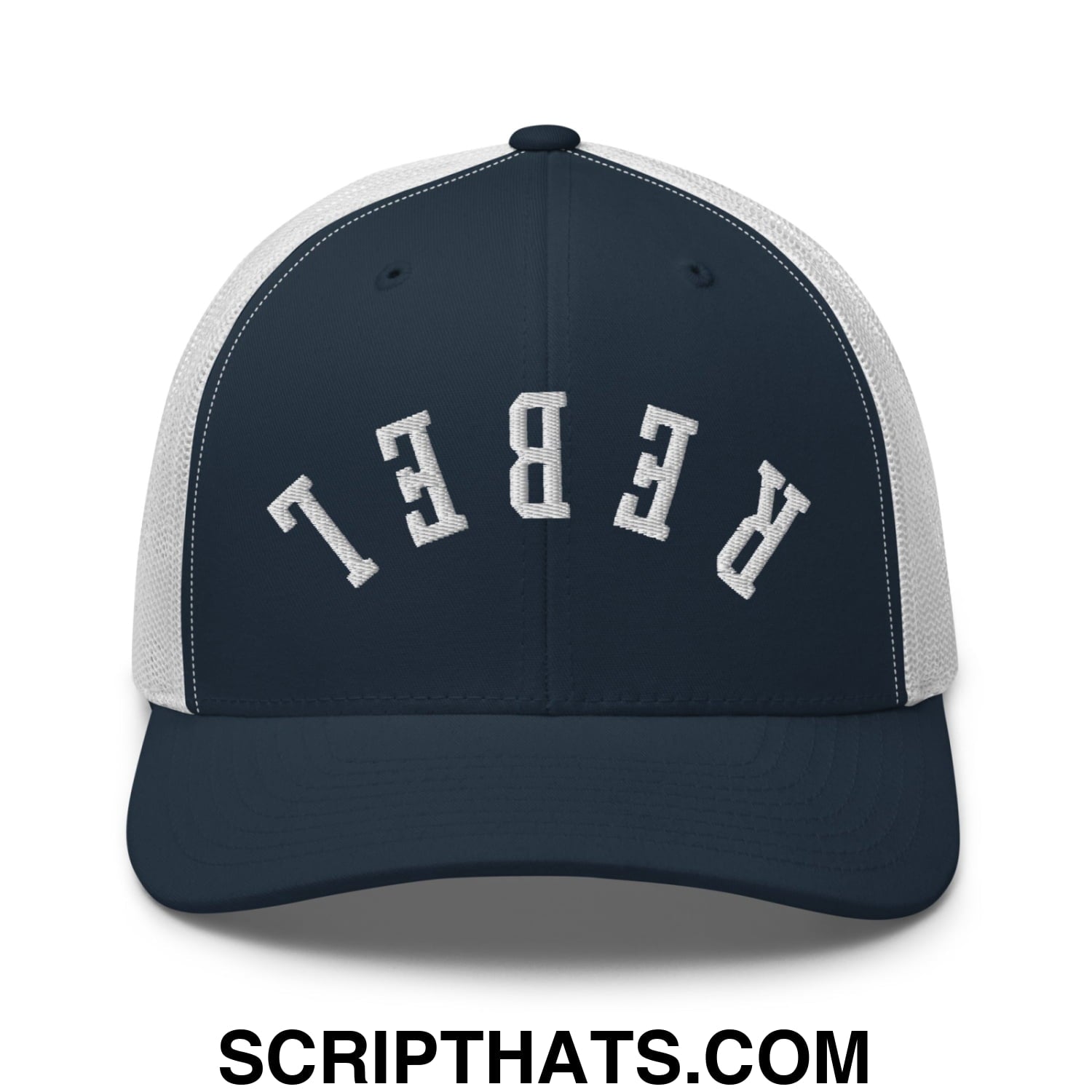 Upside Down Rebel Embroidered Mesh Trucker Hat Navy White