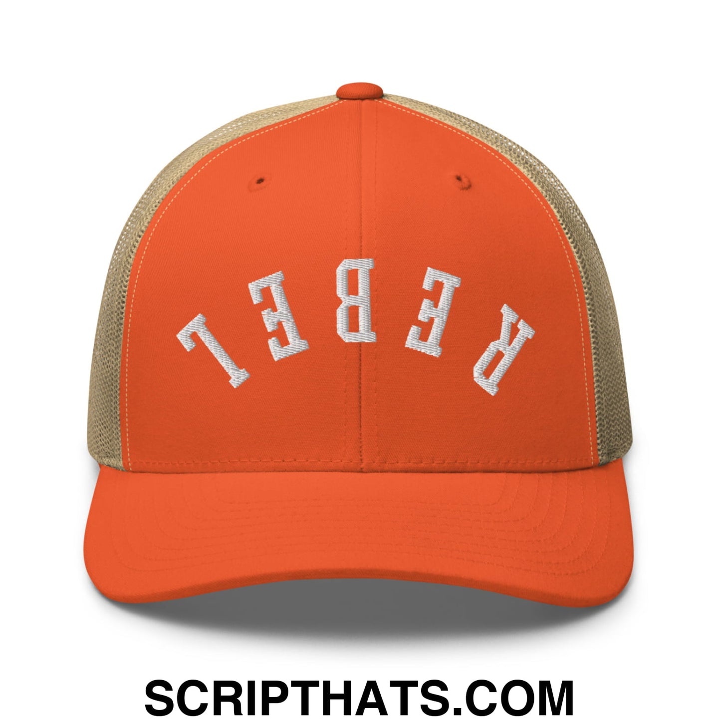 Upside Down Rebel Embroidered Mesh Trucker Hat Rustic Orange Khaki