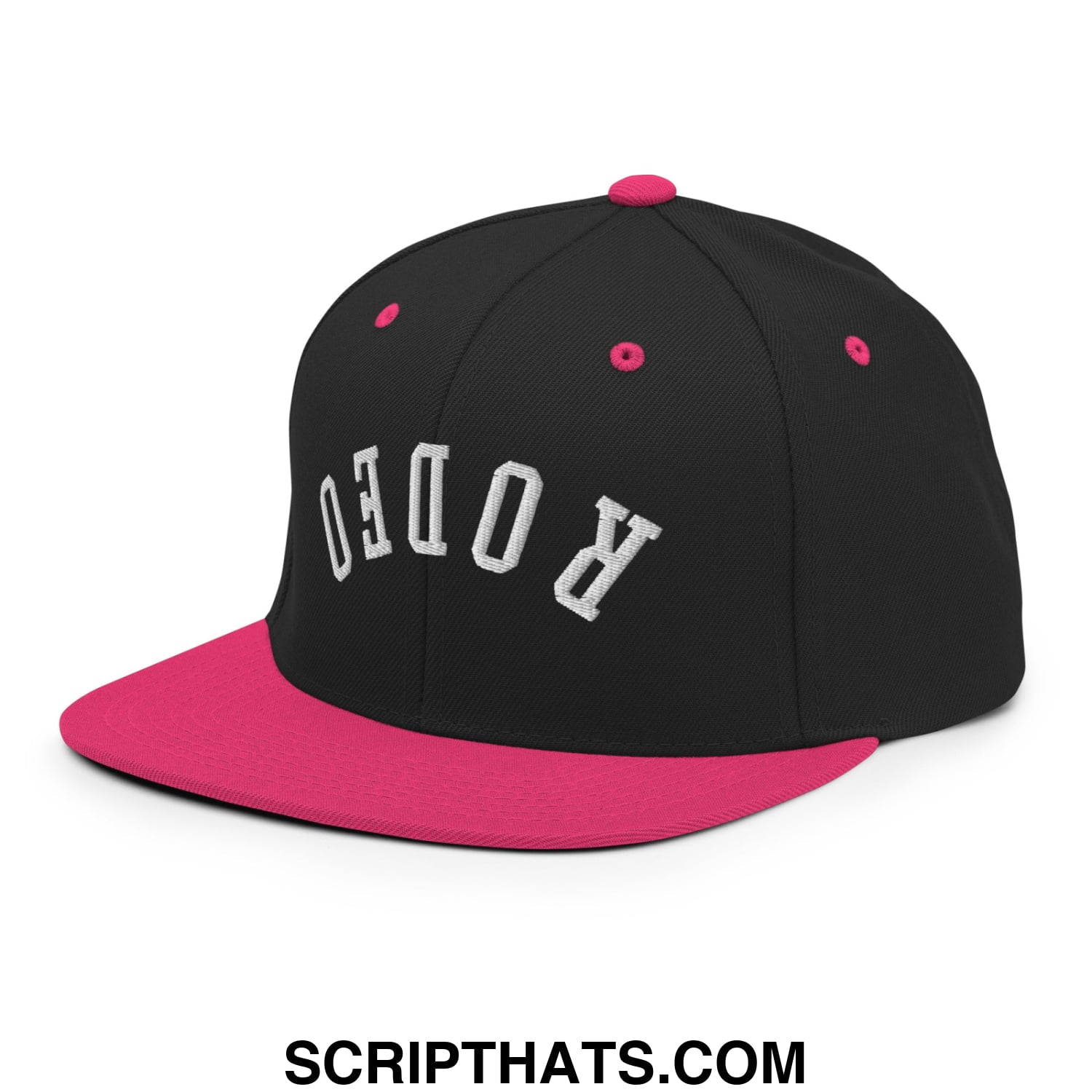 Black and pink snapback hat with white embroidered rodeo lettering and a flat bill brim design