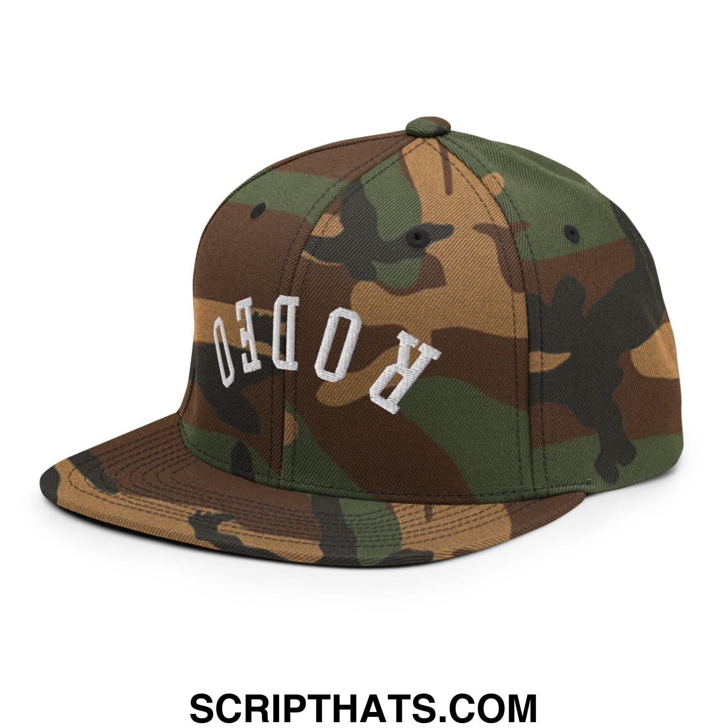 A camouflage snapback hat with flat bill brim and white rodeo embroidered lettering across the front