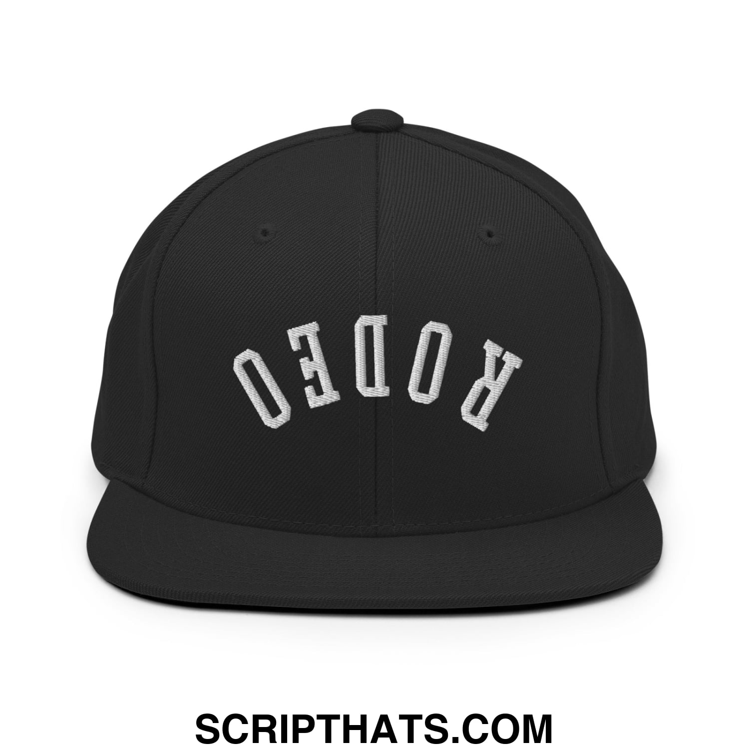Black snapback hat with white embroidered rodeo lettering and flat bill brim designed for casual wear