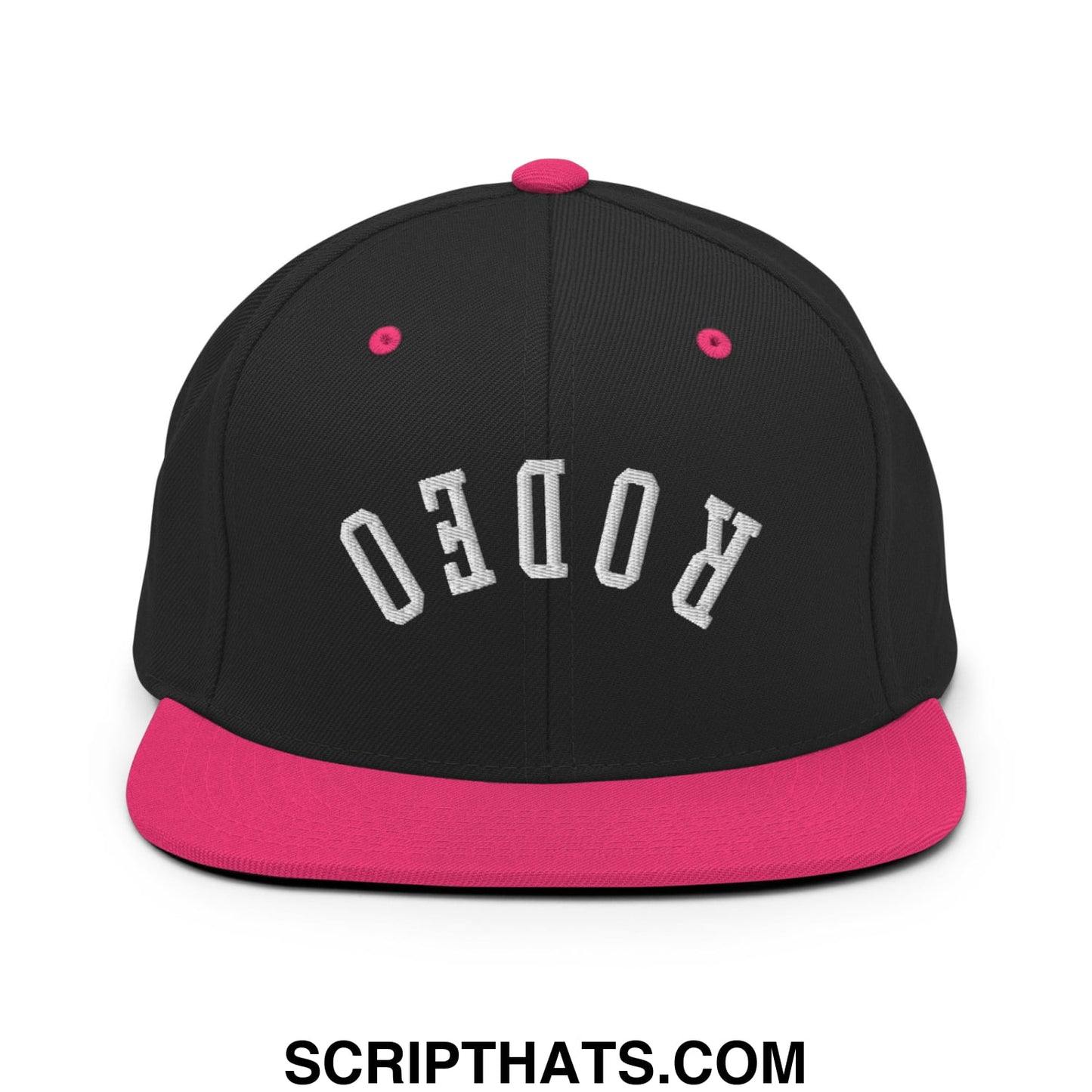 Black snapback hat with vibrant pink flat bill and matching button featuring upside down rodeo embroidered lettering
