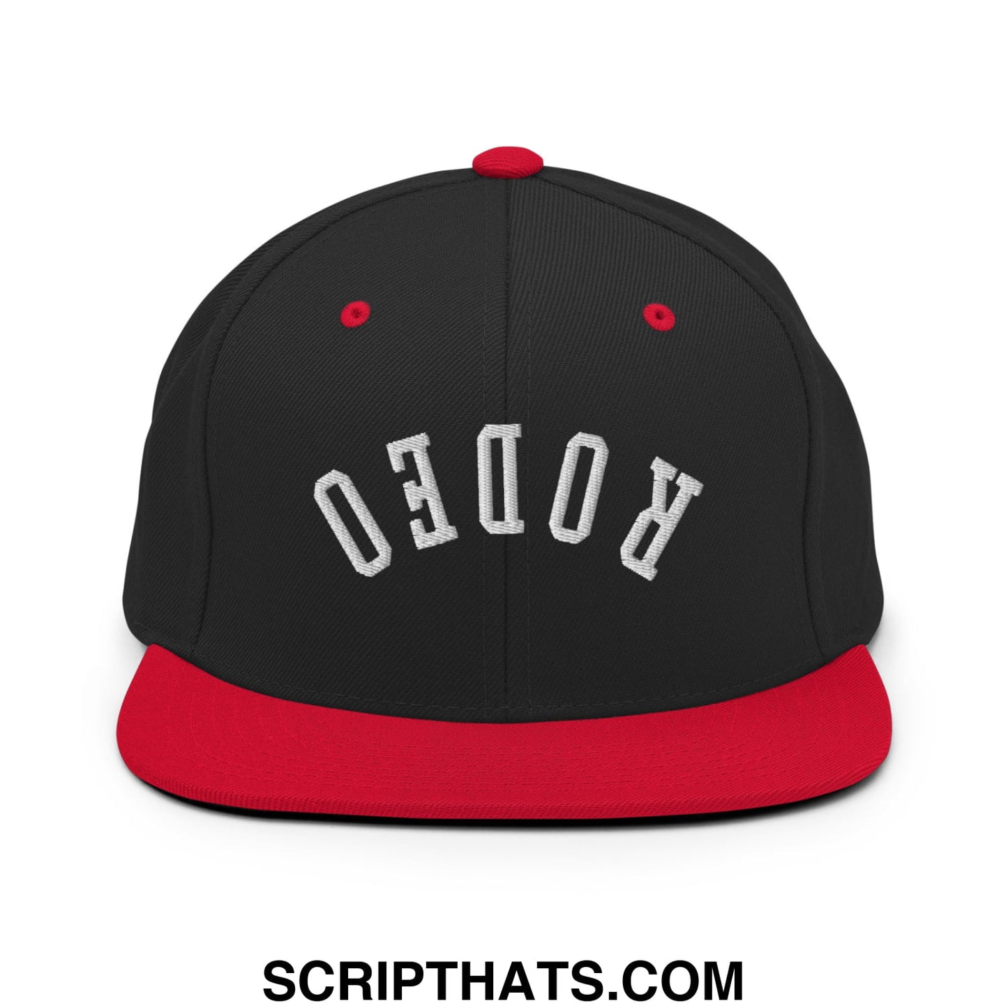 Black and red snapback hat with upside down rodeo embroidered in white on a flat bill brim design