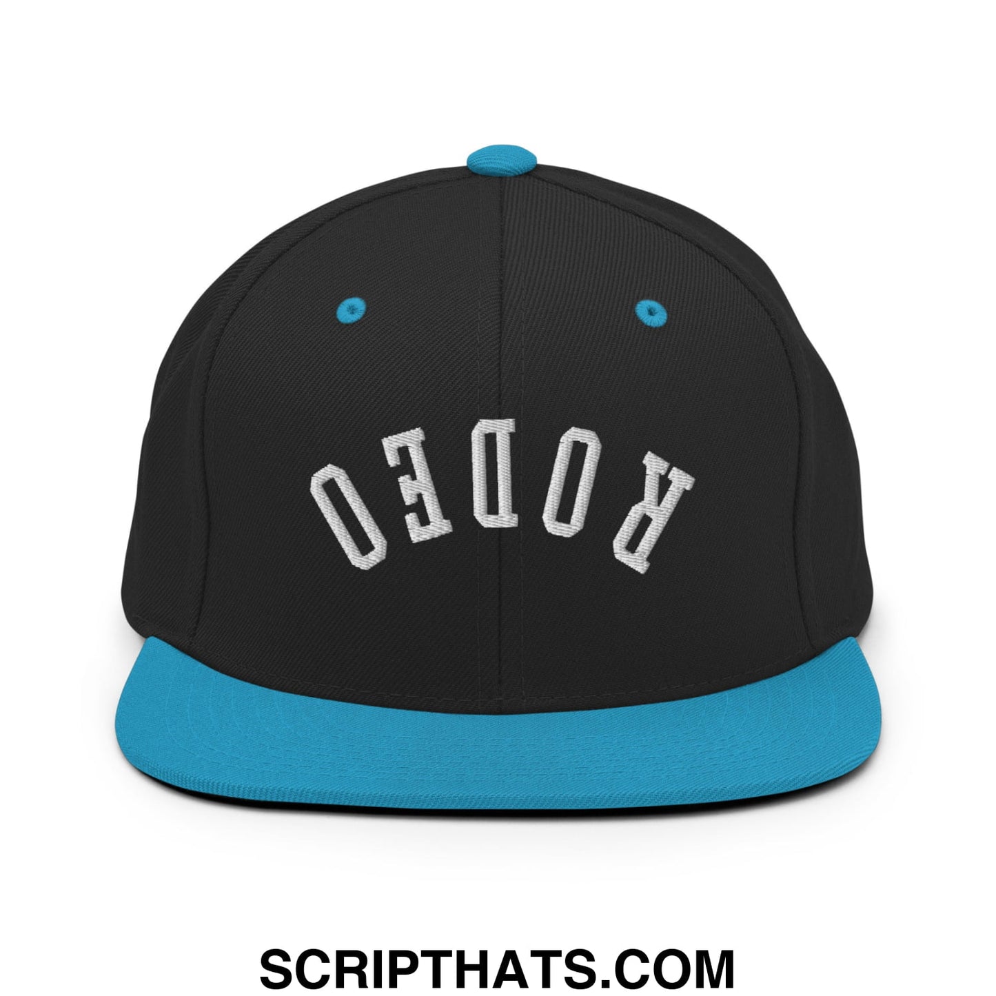 Black snapback cap with teal brim and button featuring white rodeo embroidery on front, flat bill brim style