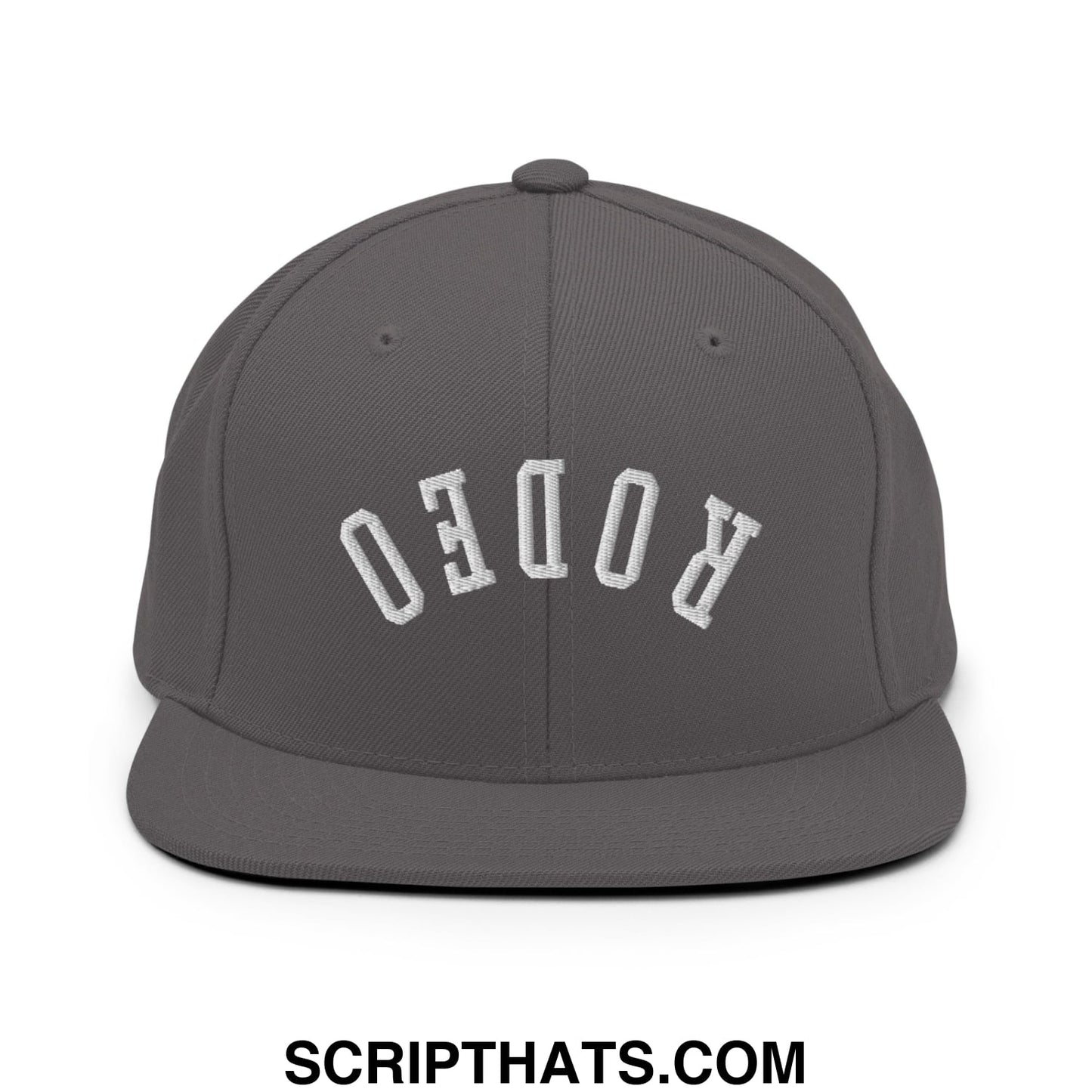 Gray snapback hat with white embroidered rodeo lettering and flat bill brim, perfect for casual wear
