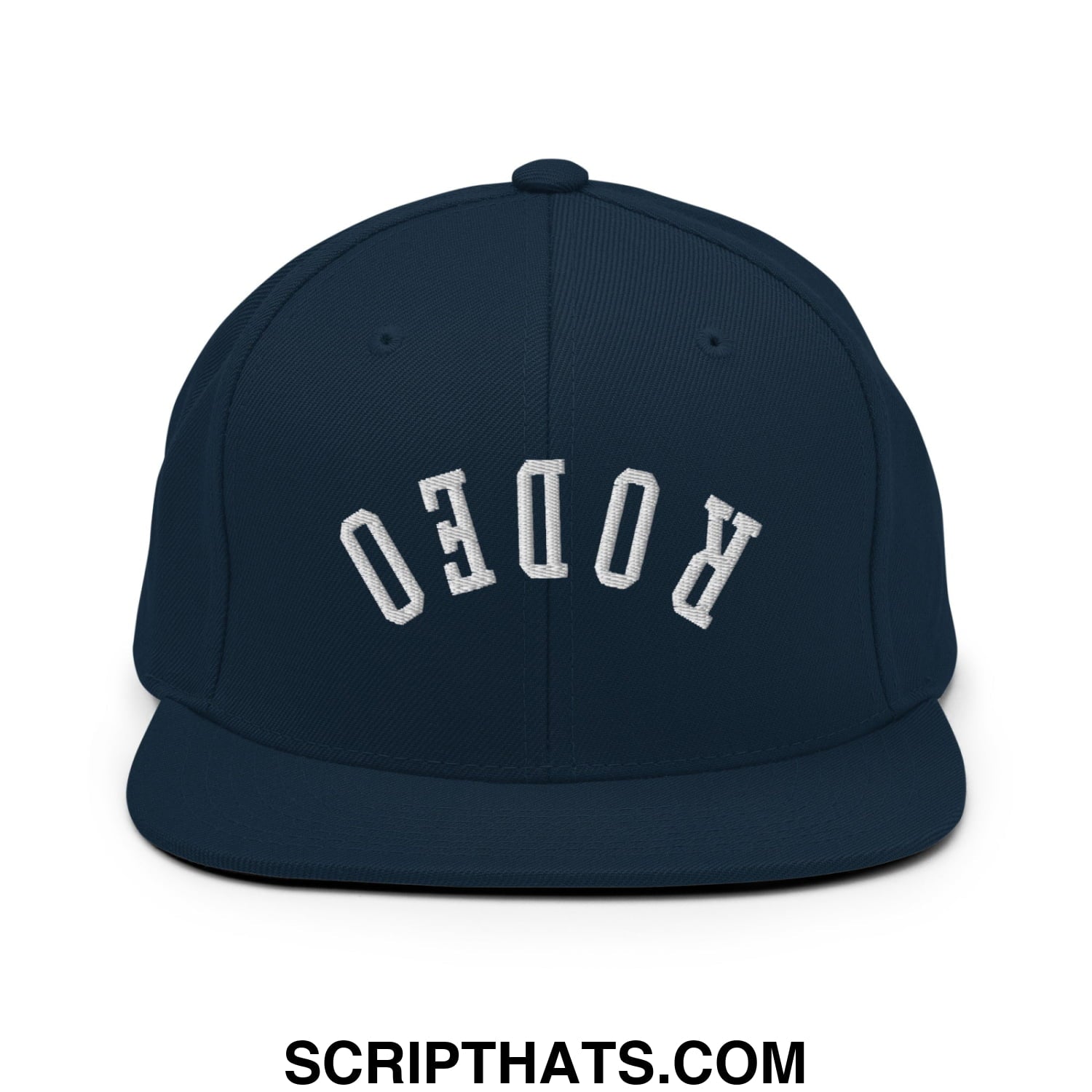 Navy blue snapback hat with white embroidered rodeo lettering and flat bill brim for casual wear