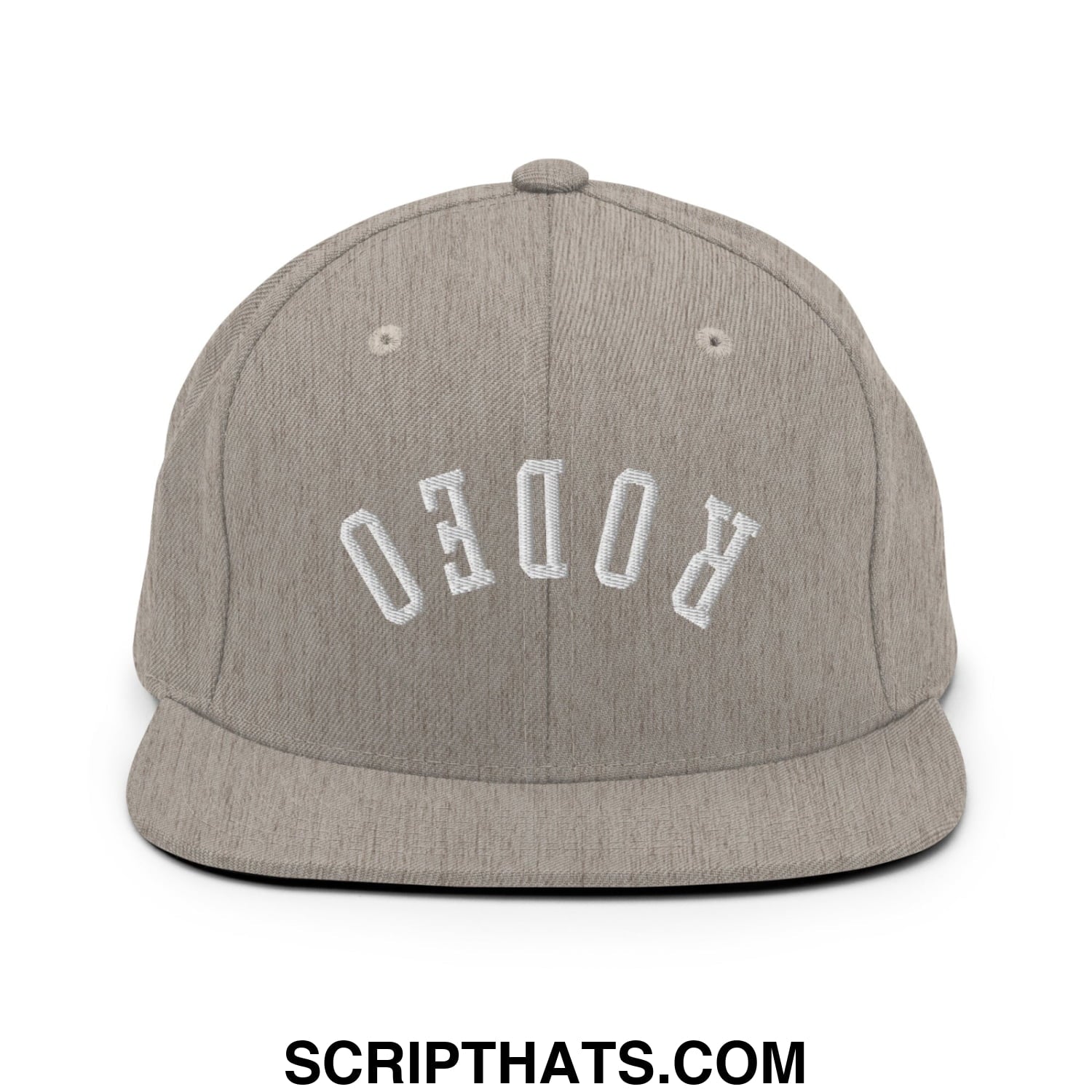 Gray heather snapback hat with white embroidered rodeo lettering and flat bill brim in upside down design