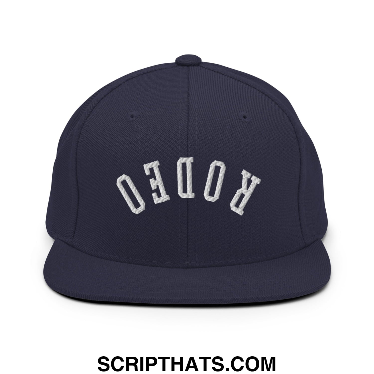 Navy blue snapback hat with white embroidered rodeo lettering and flat bill brim for casual wear