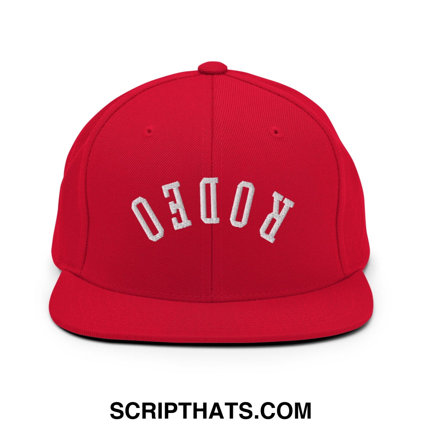 Red snapback cap with white embroidered rodeo lettering and flat bill brim for casual streetwear style