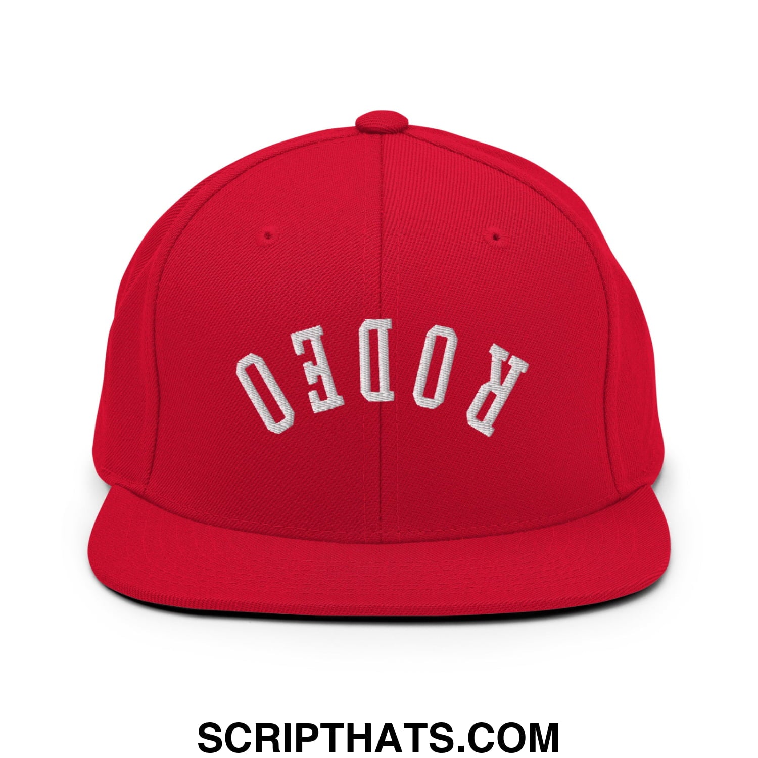 Red snapback cap with white embroidered rodeo lettering and flat bill brim for casual streetwear style
