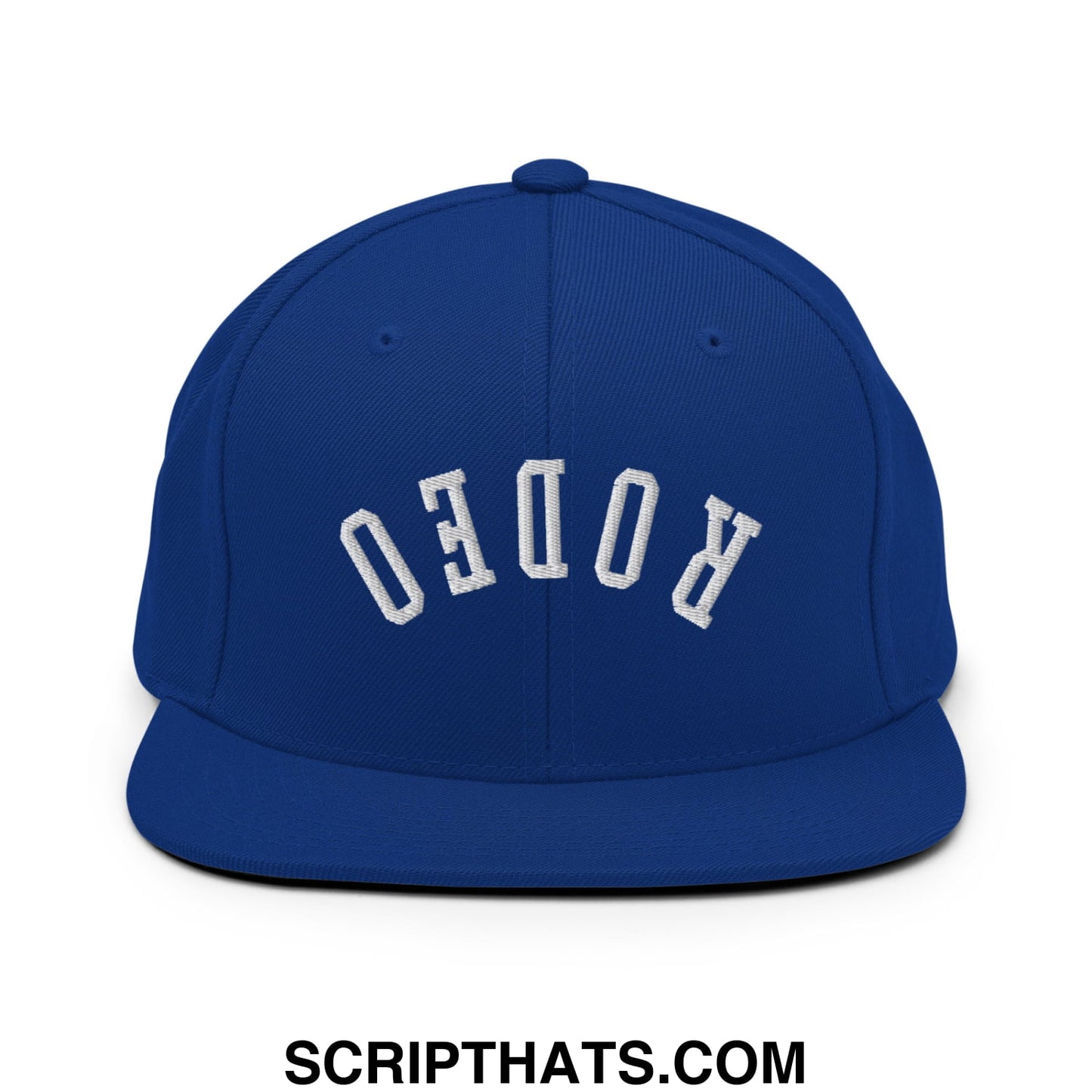 Royal blue snapback cap with white embroidered rodeo lettering and flat bill brim for casual streetwear