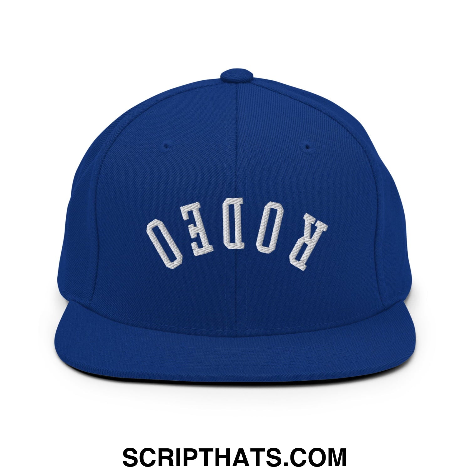 Royal blue snapback cap with white embroidered rodeo lettering and flat bill brim for casual streetwear