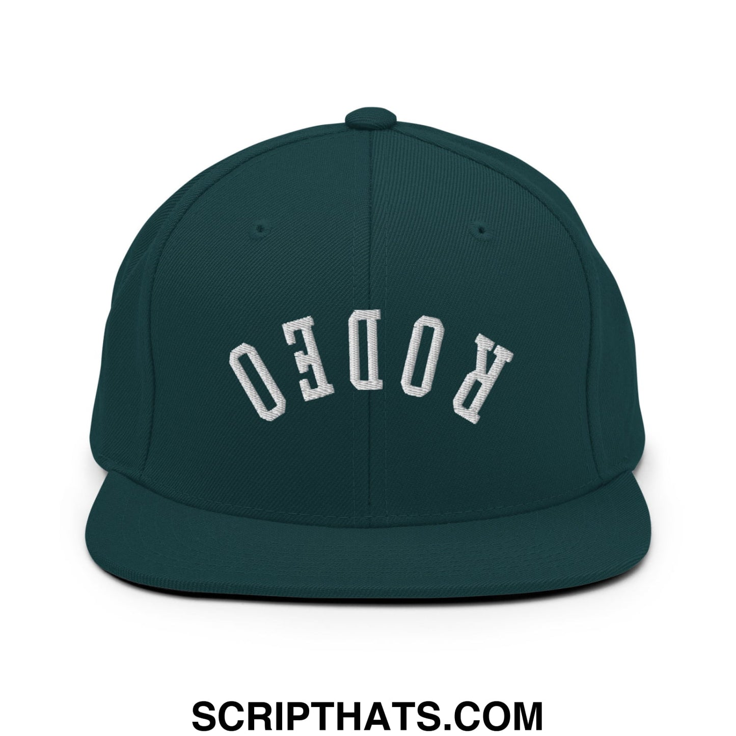 Dark green snapback cap with white embroidered rodeo lettering arched design flat bill brim upscale streetwear