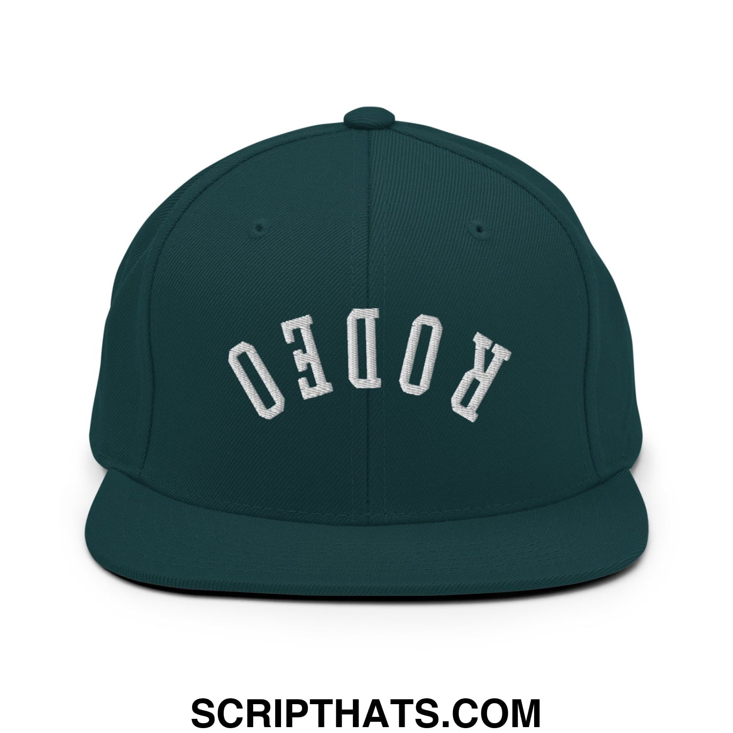 Dark green snapback cap with white embroidered rodeo lettering arched design flat bill brim upscale streetwear