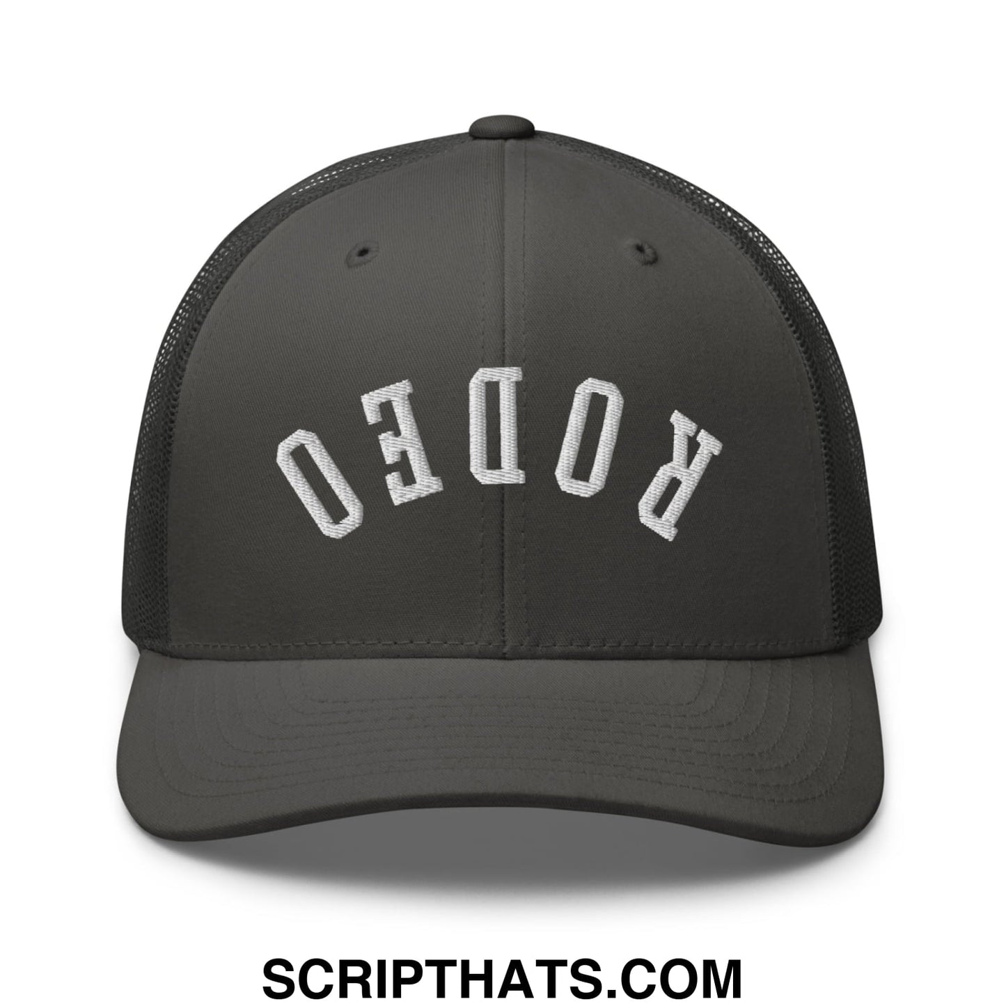 Dark gray mesh trucker hat with white embroidered rodeo lettering in an arched design uppercase