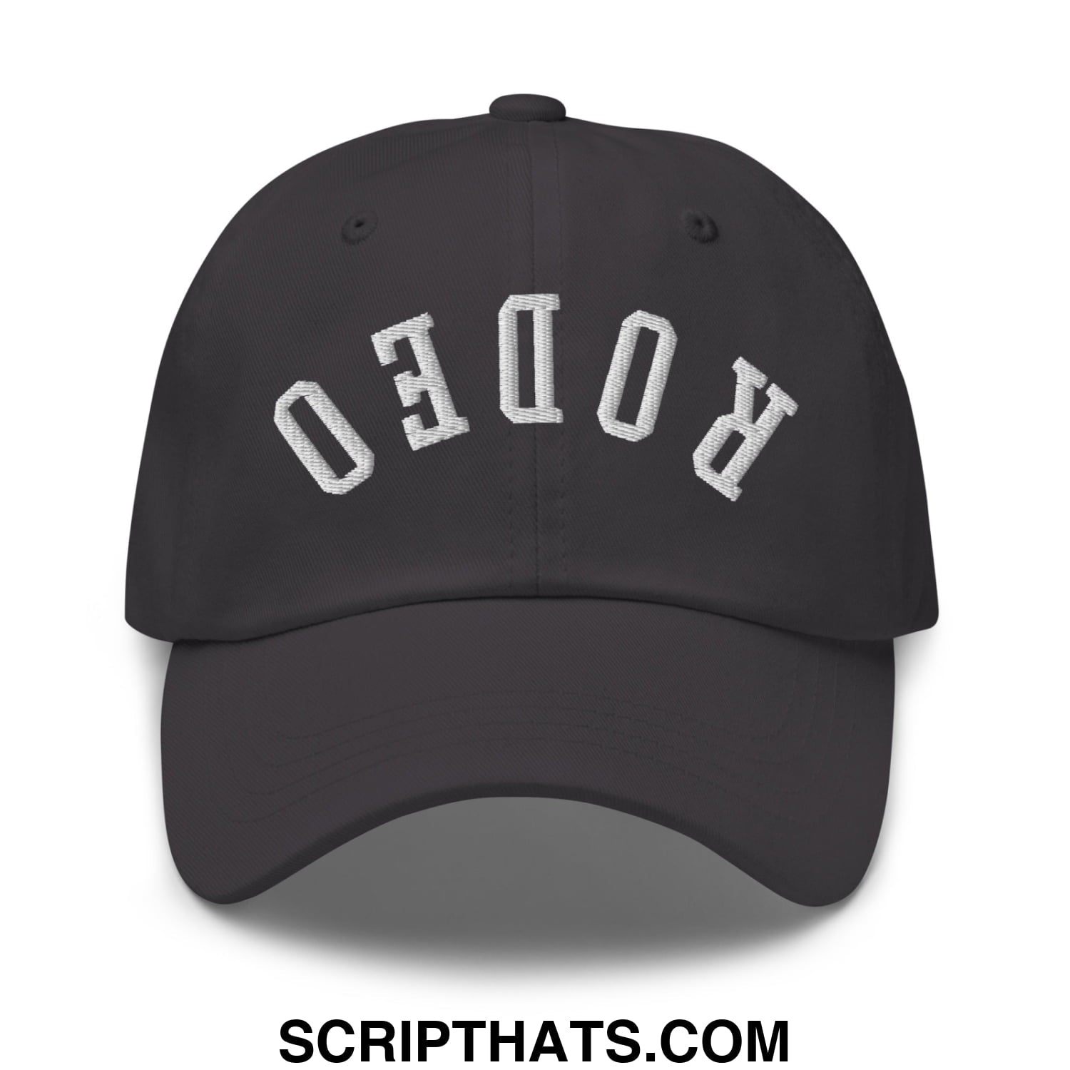 Black unstructured dad hat with white embroidered rodeo lettering in an arched design Upside Down Rodeo hat