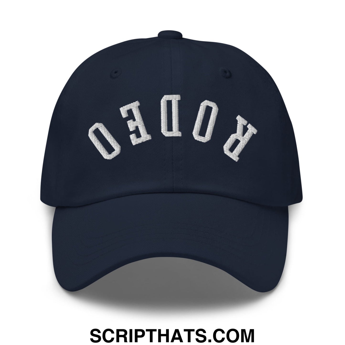 Navy blue unstructured dad hat with white arched rodeo embroidery upside down design for casual wear