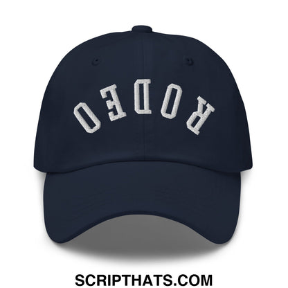 Navy blue unstructured dad hat with white arched rodeo embroidery upside down design for casual wear