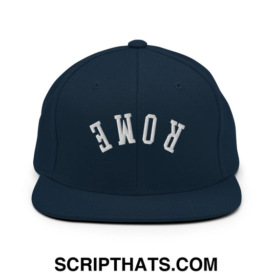 Navy blue snapback cap with white embroidered rome lettering and flat bill brim for casual streetwear