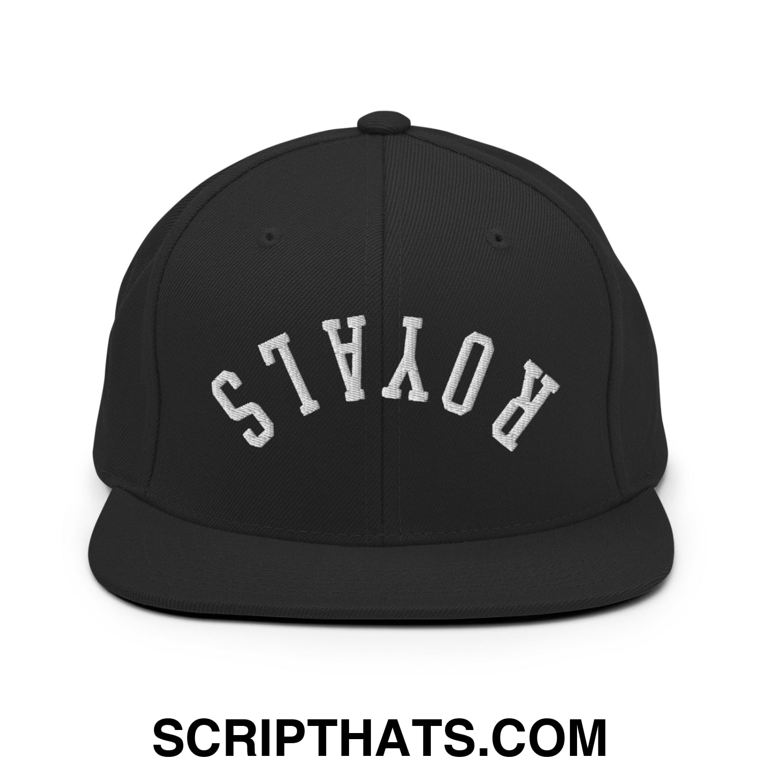 Black snapback cap with white embroidered royals lettering in an arched design featuring a flat bill brim