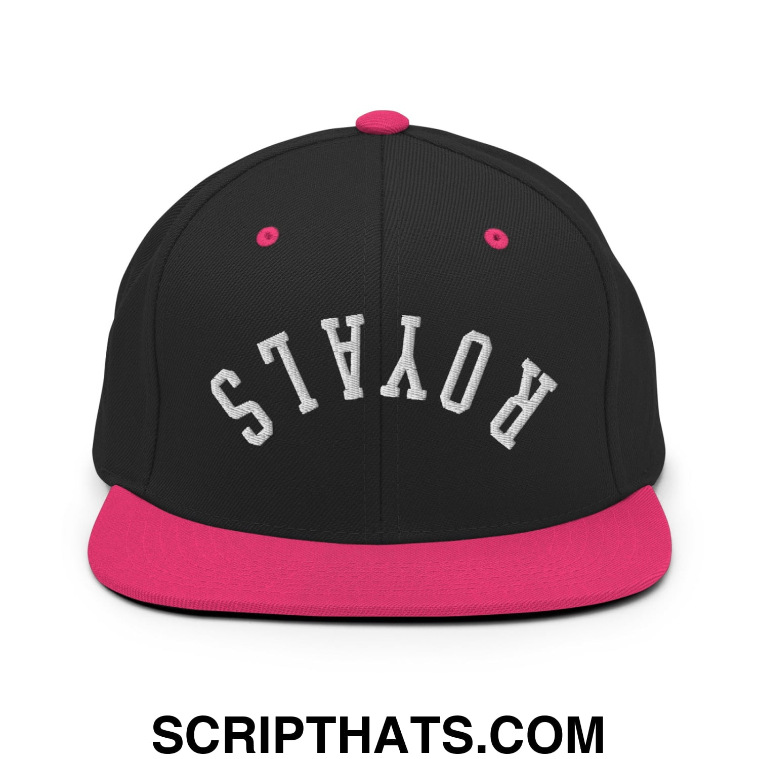 Black snapback cap with vibrant pink flat bill brim and button featuring royals embroidered in white arched lettering