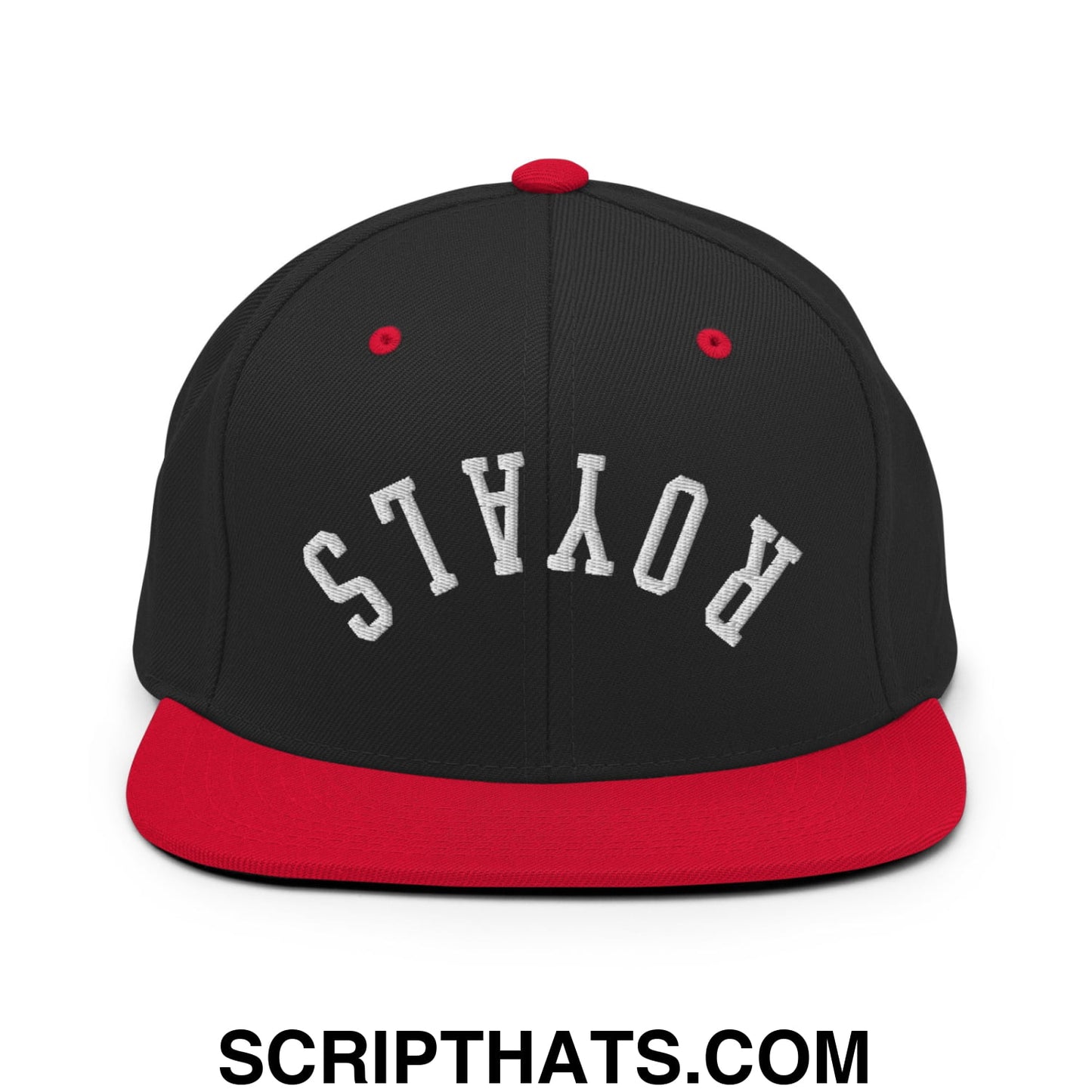 Black and red snapback hat with white embroidered royals lettering and flat bill brim for casual wear