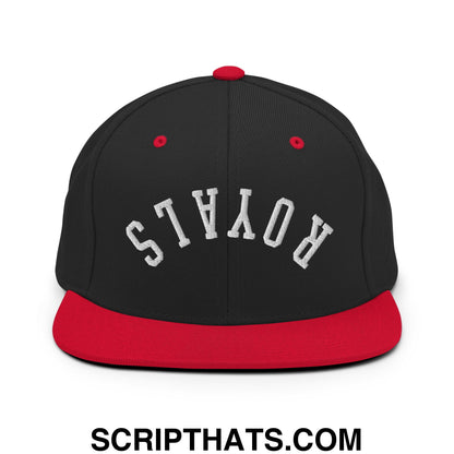 Black and red snapback hat with white embroidered royals lettering and flat bill brim for casual wear