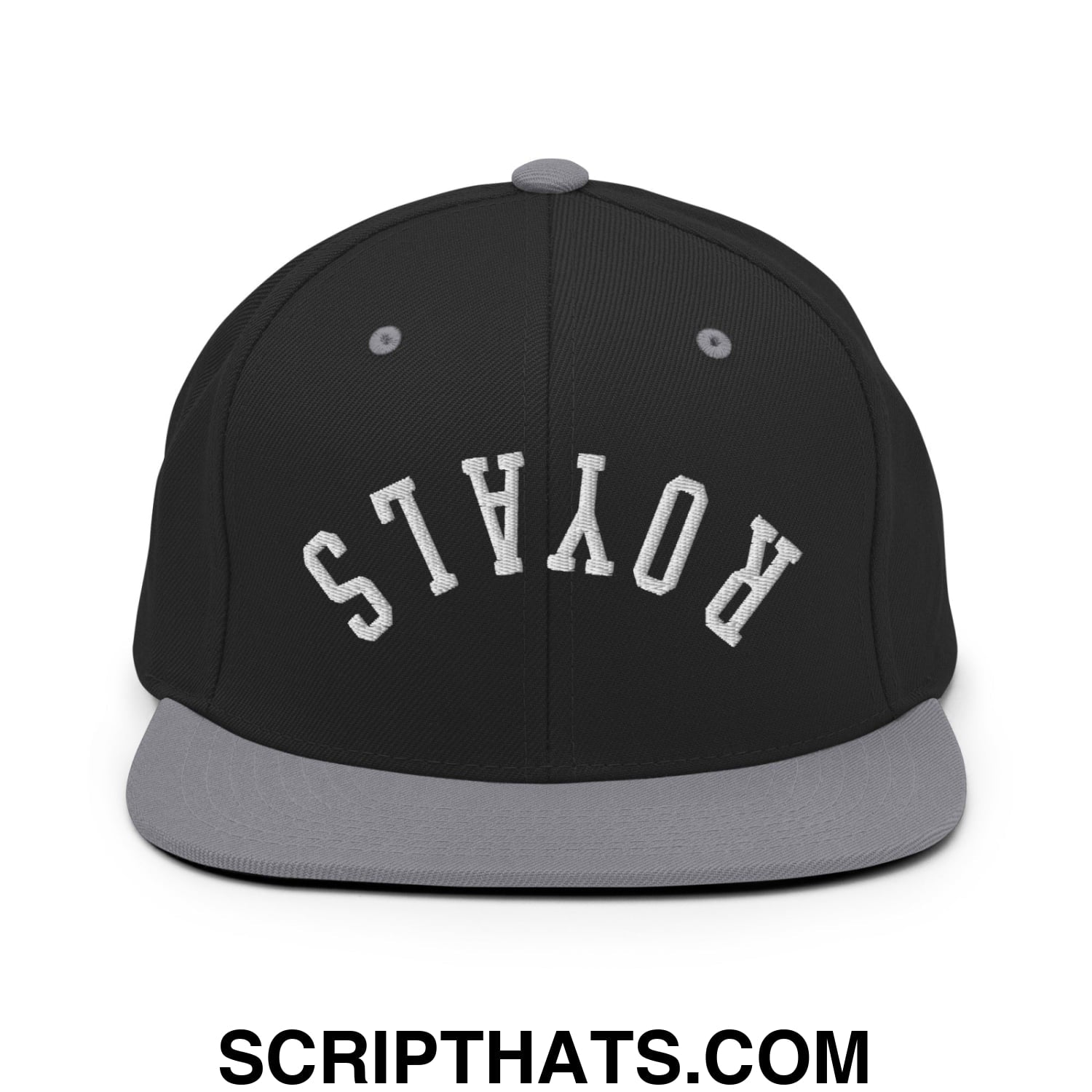 Black and gray snapback cap with white embroidered royals lettering and a flat bill brim design