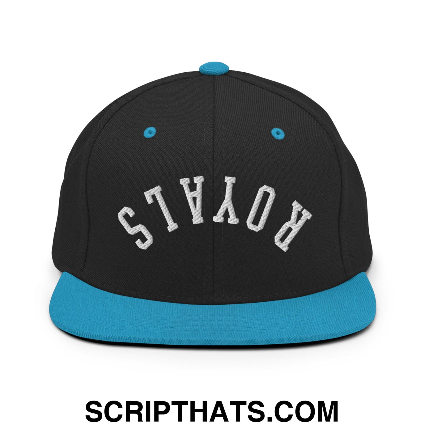 Black snapback cap with teal flat bill brim and button, embroidered with white royals text across the front