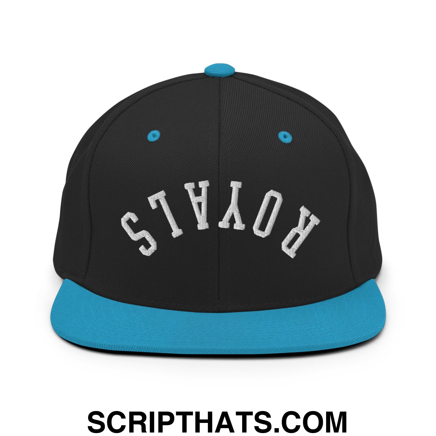 Black snapback cap with teal flat bill brim and button, embroidered with white royals text across the front