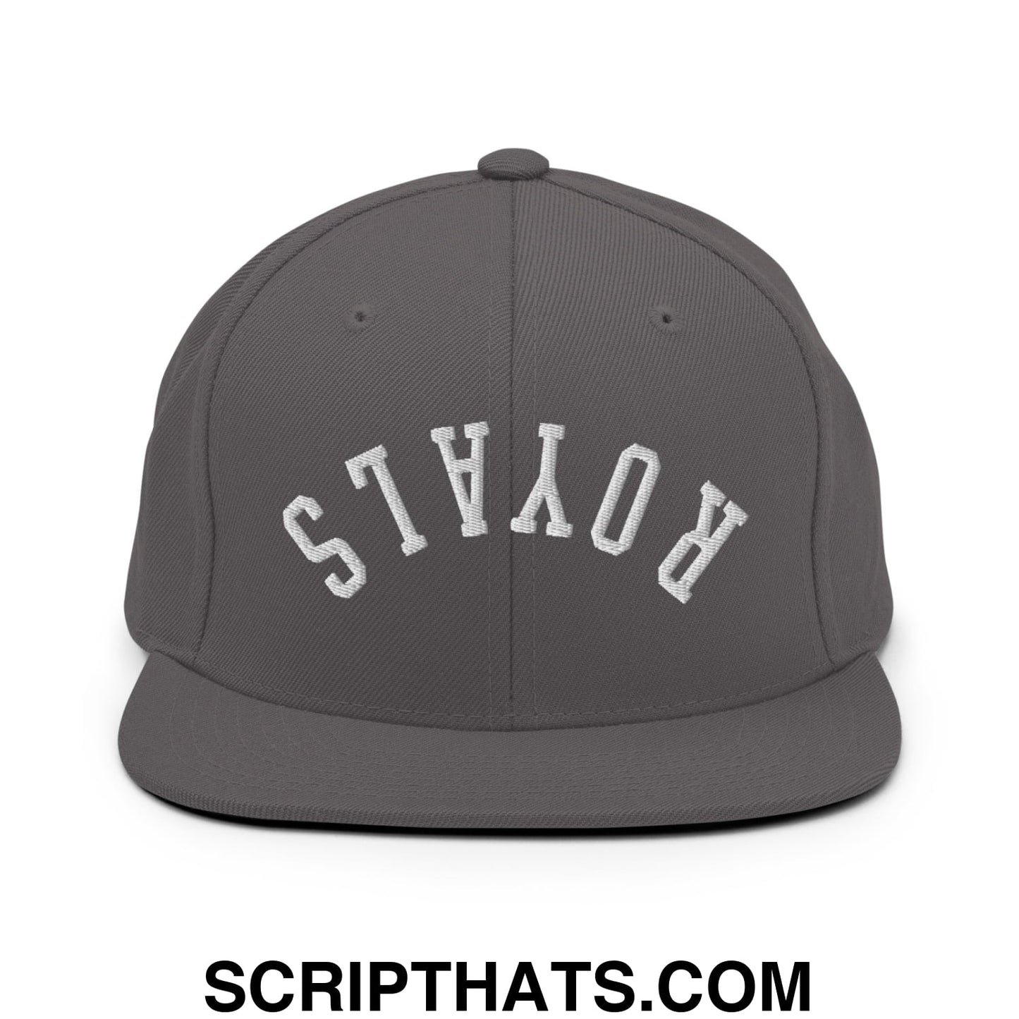 Dark gray snapback hat with white embroidered royals lettering and a flat bill brim in an arched design