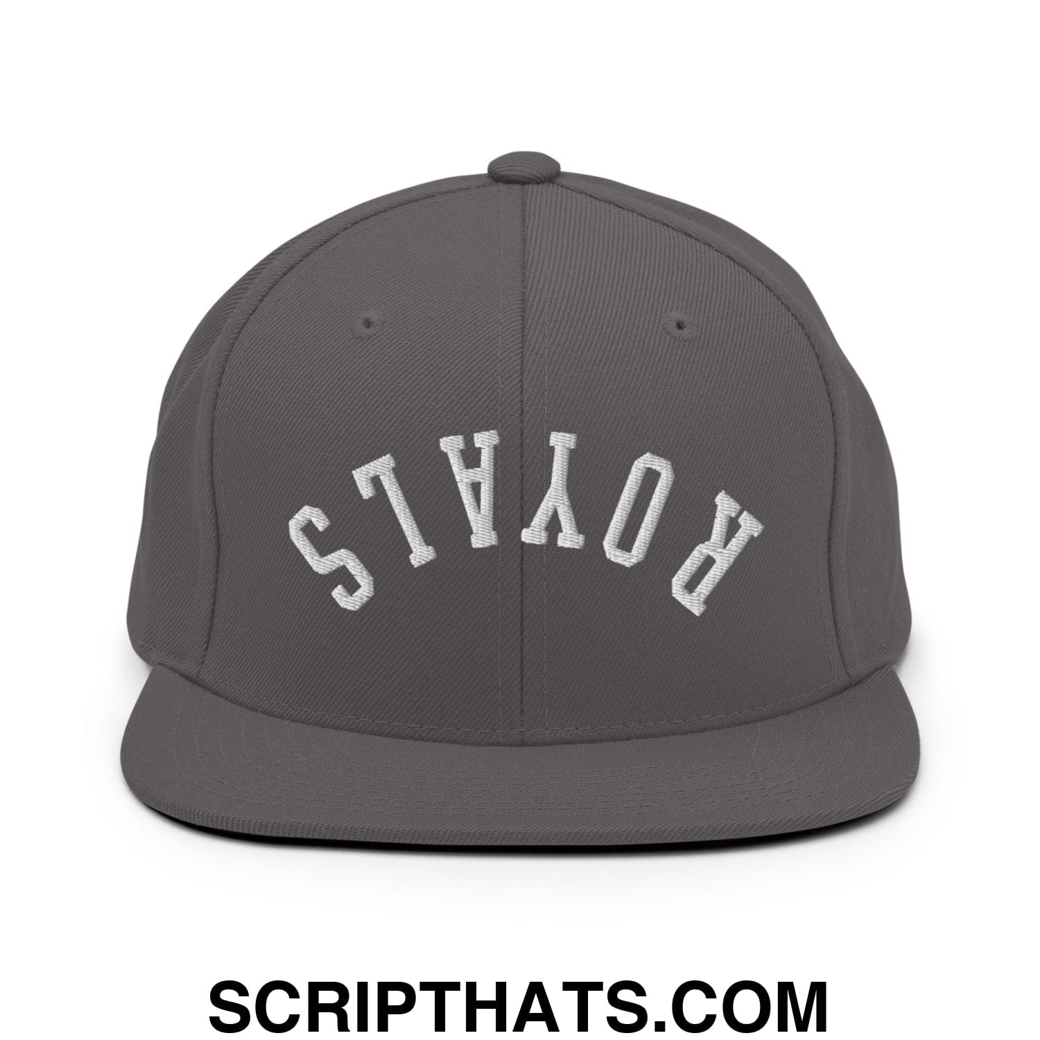 Dark gray snapback hat with white embroidered royals lettering and a flat bill brim in an arched design