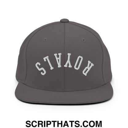 Dark gray snapback hat with white embroidered royals lettering and a flat bill brim in an arched design