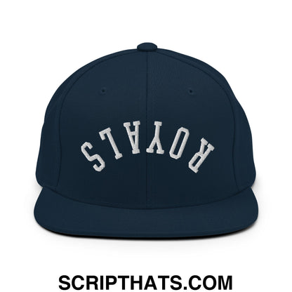 Navy blue snapback hat with white arched royals embroidery and flat bill brim for casual wear