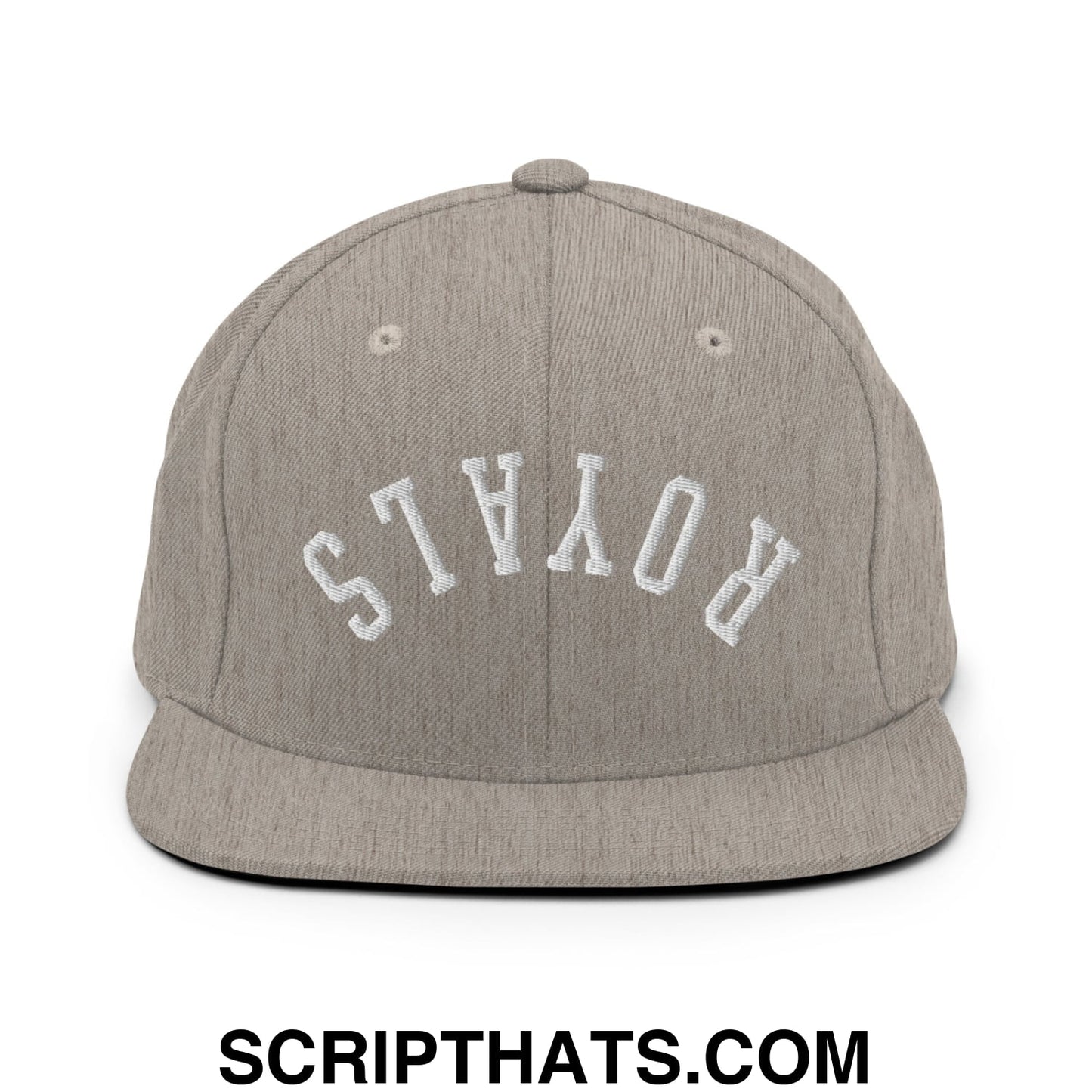 Gray heather snapback hat with white embroidered royals lettering and flat bill brim for casual wear