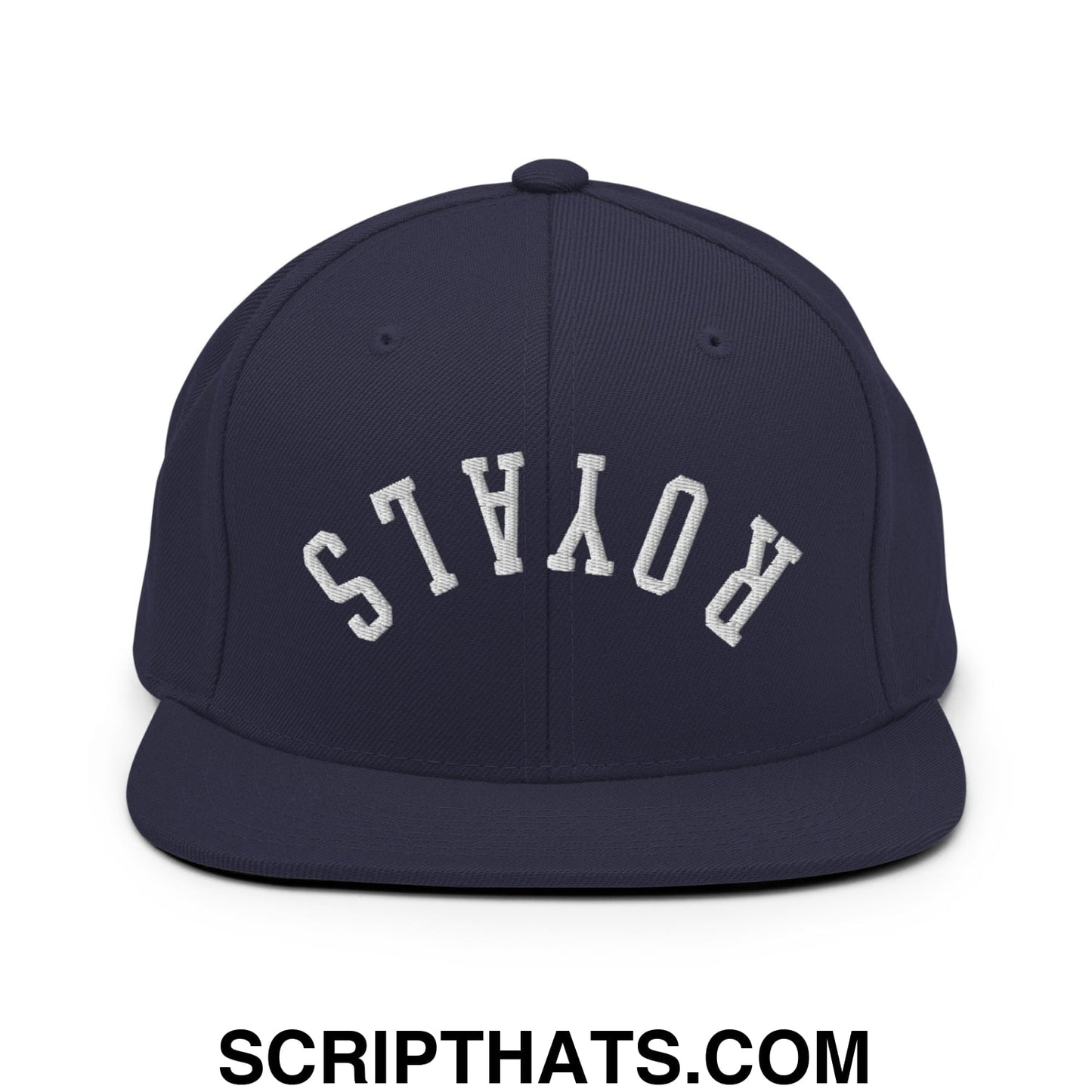 Navy blue snapback hat with white embroidered royals lettering in an arched design and flat bill brim